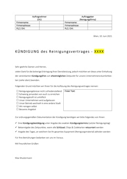 Kündigung Reinigungsfirma (Vorlage)